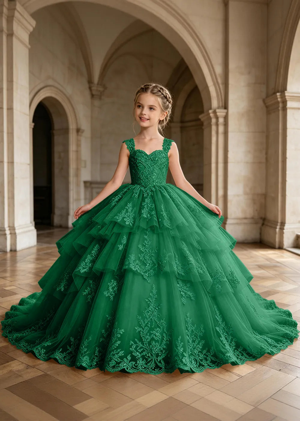 Tiered Lace Sleeveless Flower Girl Ball Gown Dress