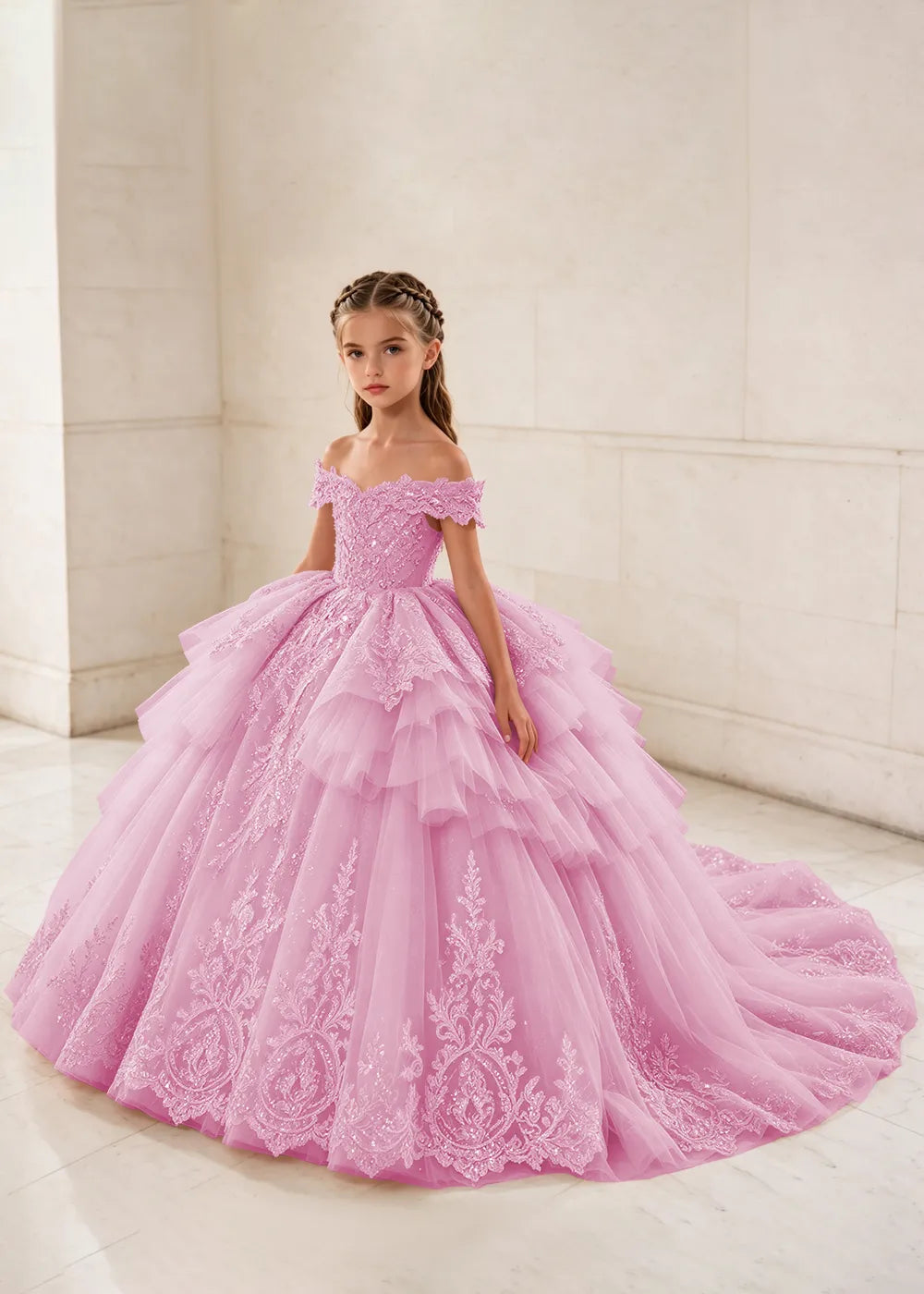 Ruffled Off Shoulder Lace Princess Dress for Girls