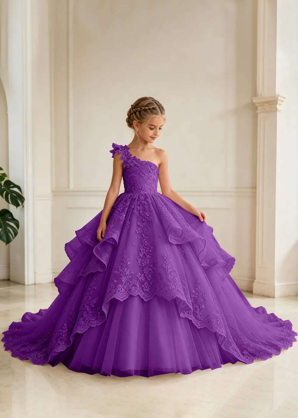 Floral Strap Tiered Lace Flower Girl Ball Gown Dress