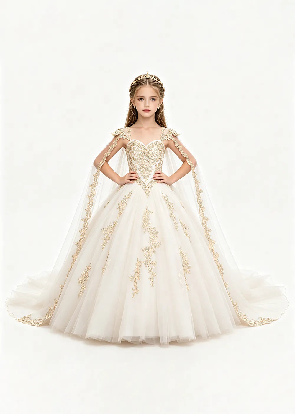 Gold Appliqué Cape Princess Dress for Girls