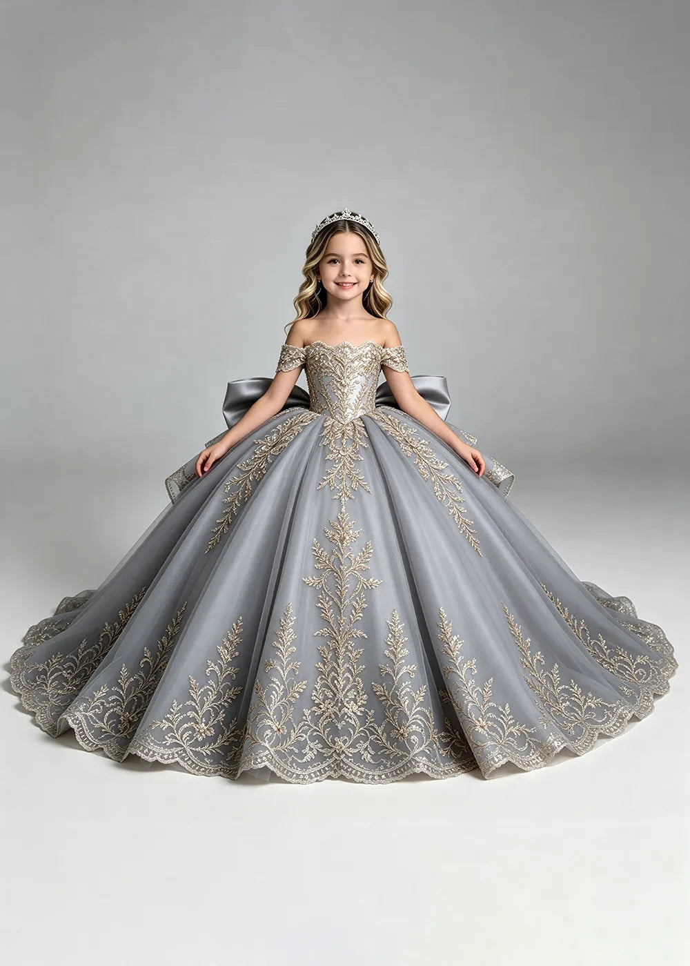 Off-Shoulder Lace Flower Girl Dress with Bow and Scalloped Hem