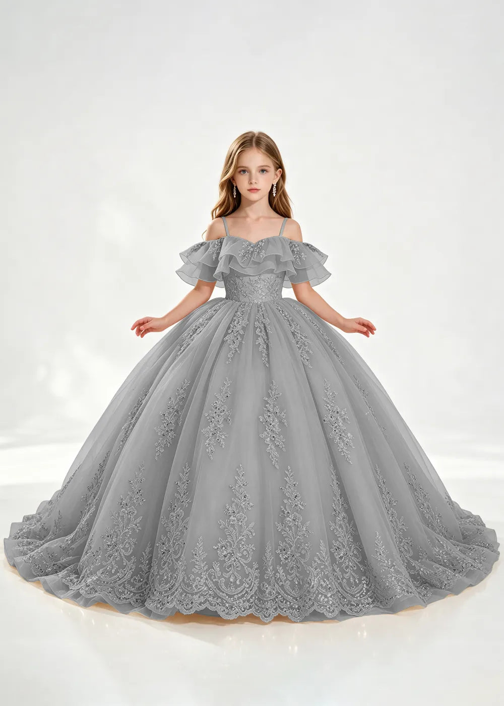 Champagne Off-Shoulder Lace-Hem Flower Girl Dress