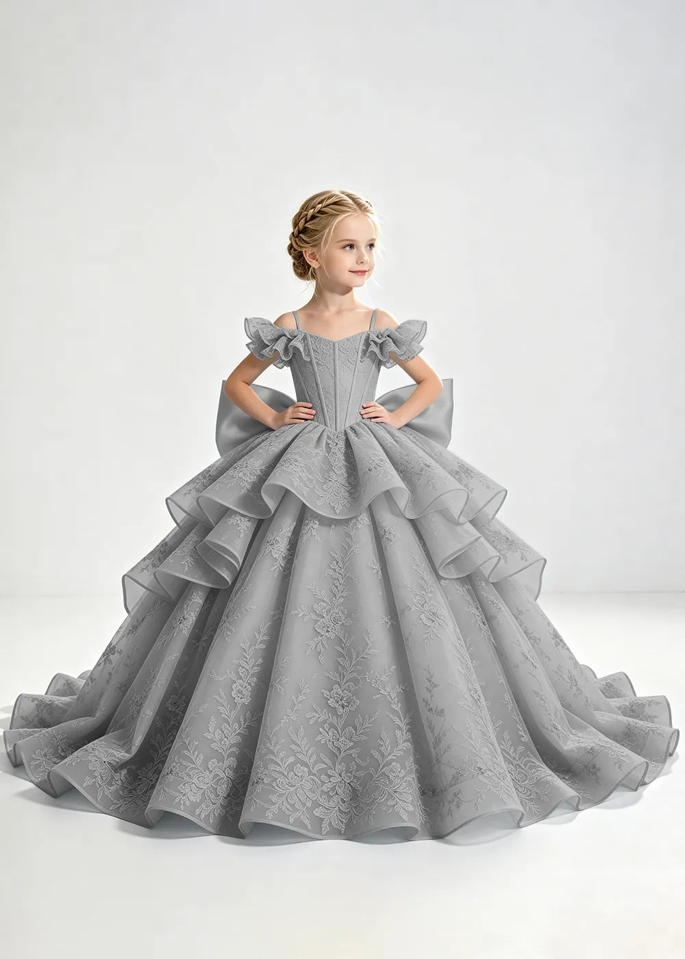 Light Blue Lace-Up Rear-Bow Flower Girl Dress