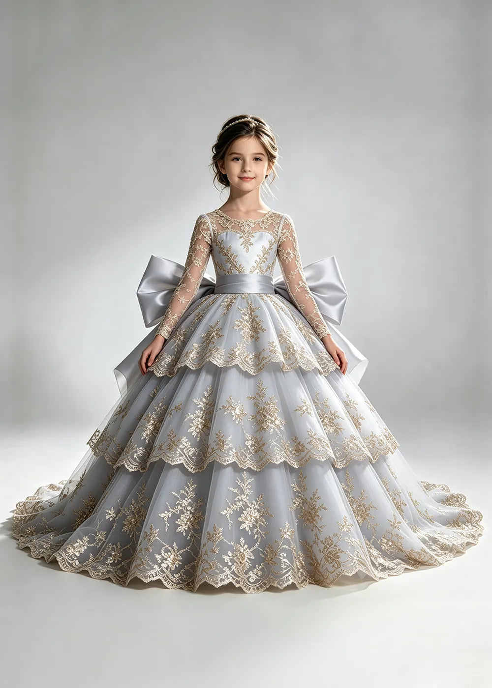 Long Sleeve Lace Flower Girl Dress with Sash Bow and Tiered Skirt