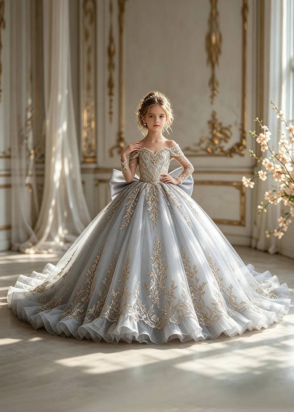 Off-Shoulder Sequin Lace Flower Girl Dress with Bow and Flounced Hem