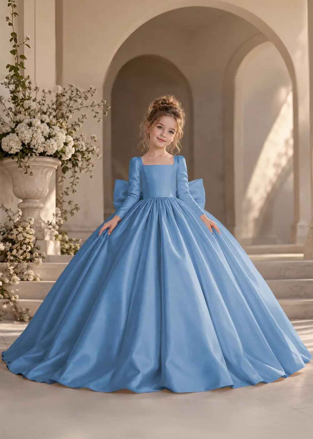 Dusty Blue Long-Sleeve Flower Girl Dress with a Full Skirt and Bow
