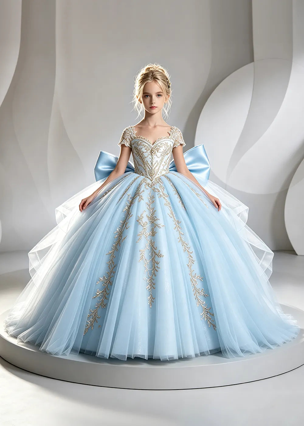 Cap Sleeve Sequin Bodice Flower Girl Dress with Bow and Gold Embroidery