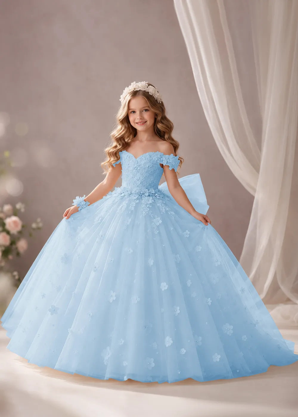 Pink Flower Girl Dress with Floral Appliques and a Full Skirt