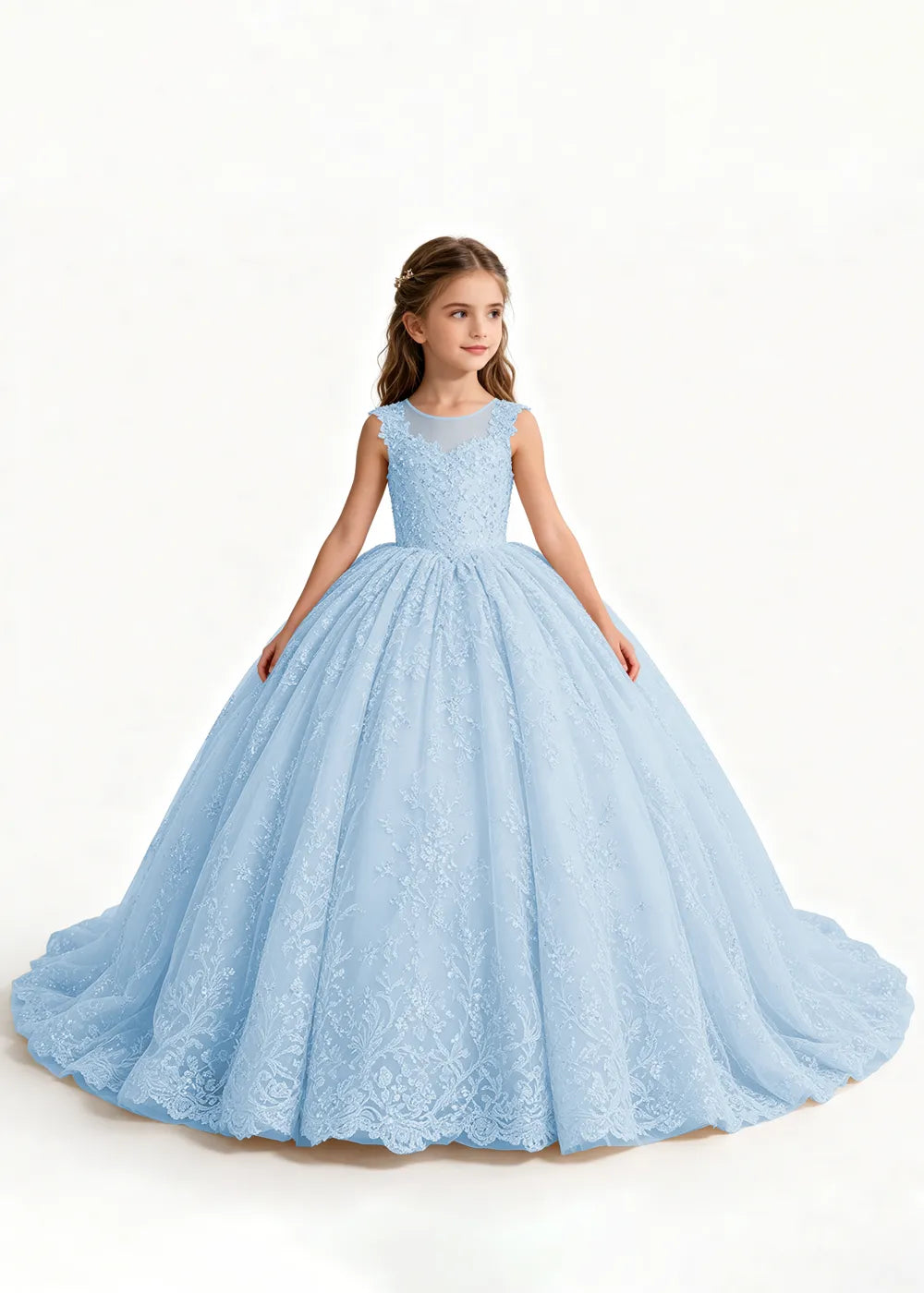 Champagne Flower Girl Gown with Floral Lace and Train