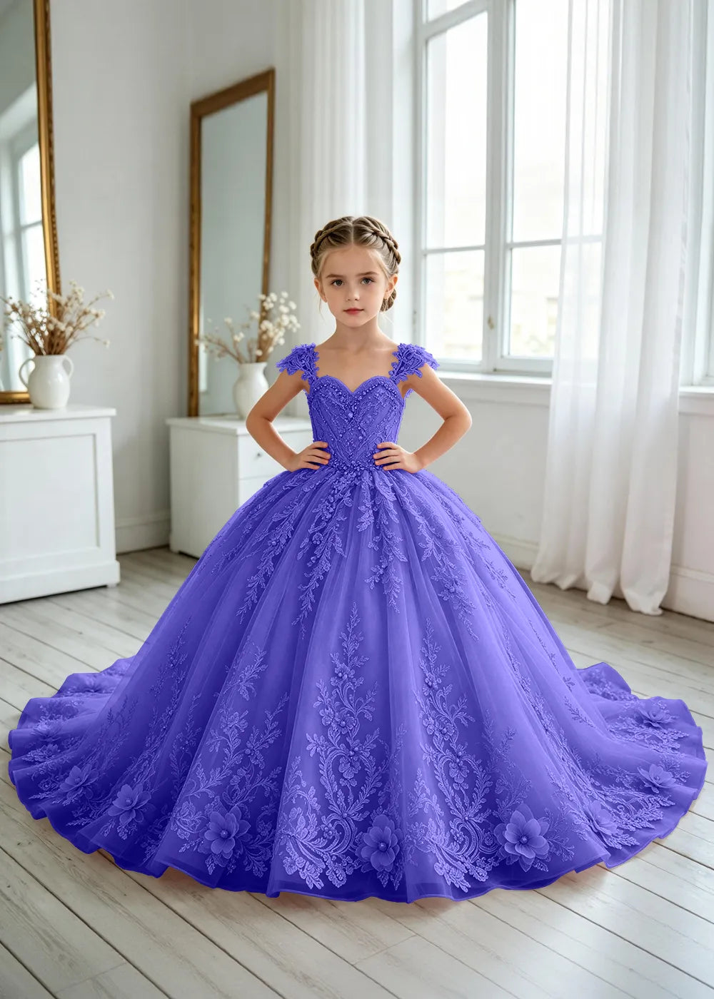 Floral V-Neck Lace Princess Dress for Girls