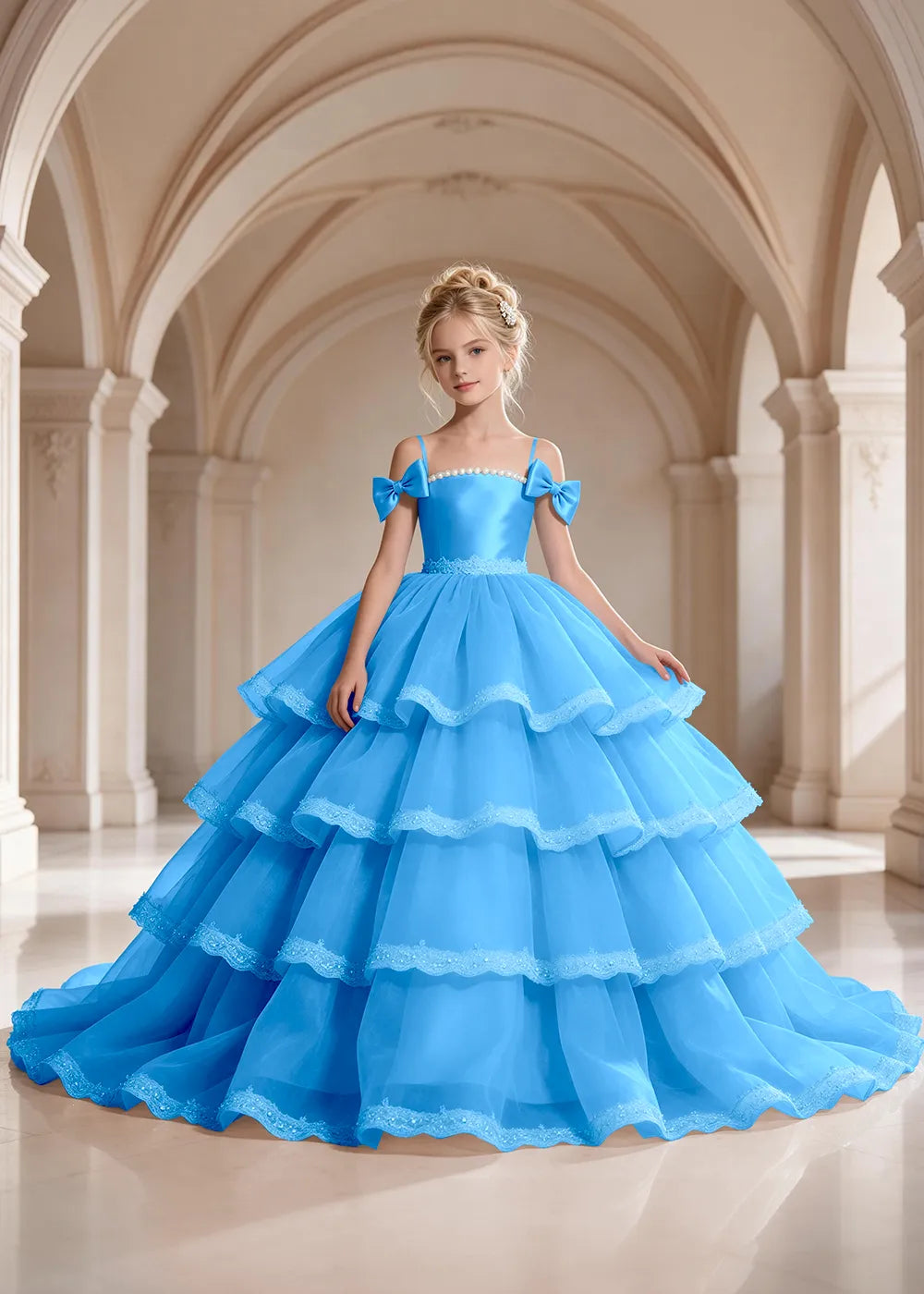 Light Blue Four-Tier Bow-Shoulder Flower Girl Dress