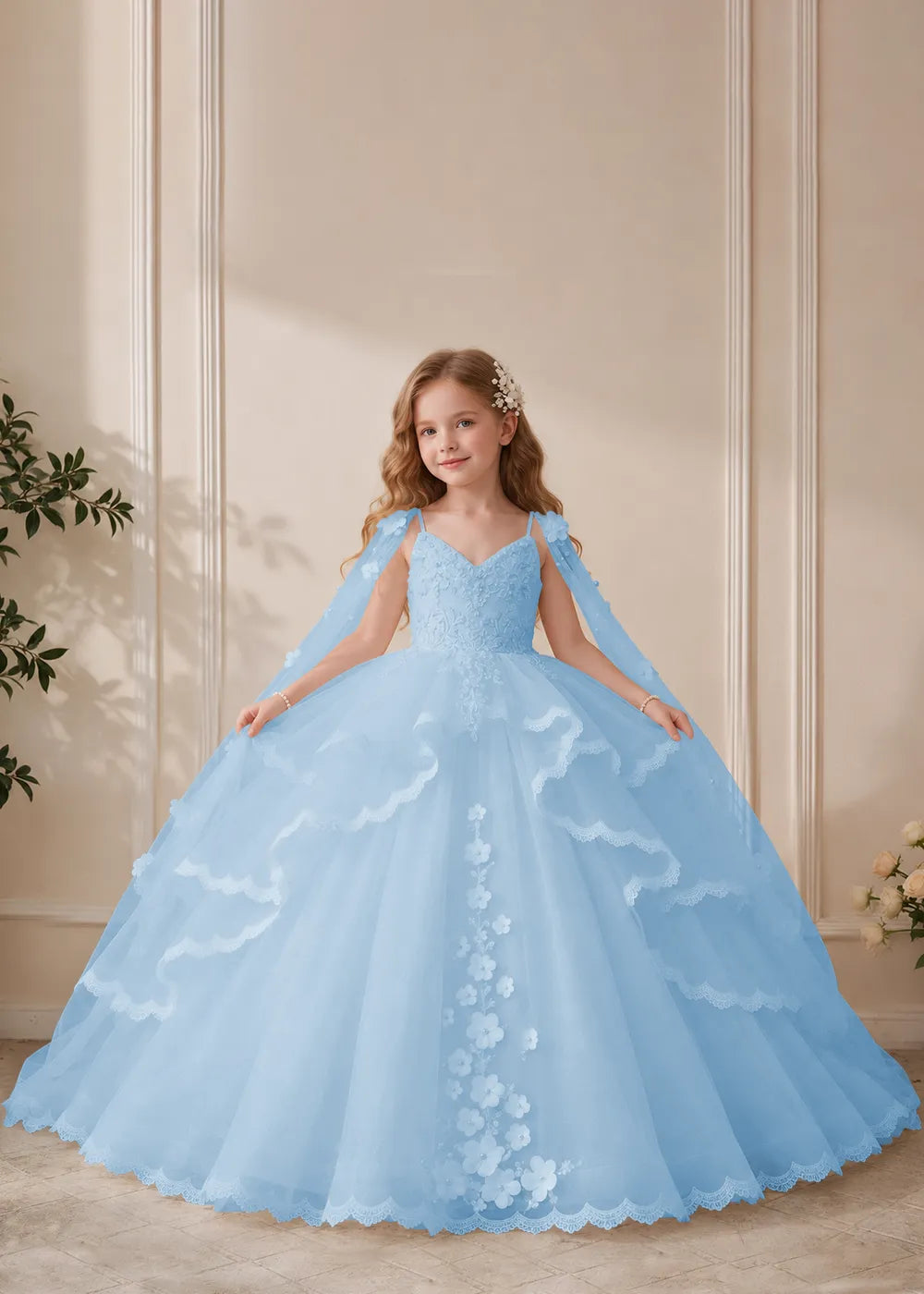 White Flower Girl Dress with Lace Ruffles and Sheer Shoulder Drapes