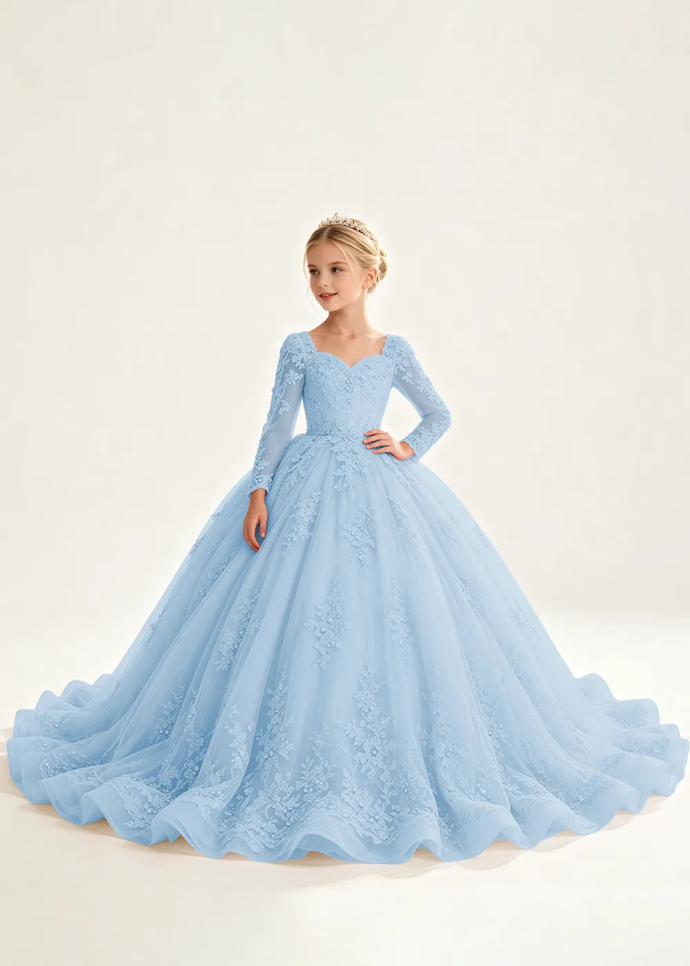 Flower Girl Dress with Long Lace Sleeves and Train