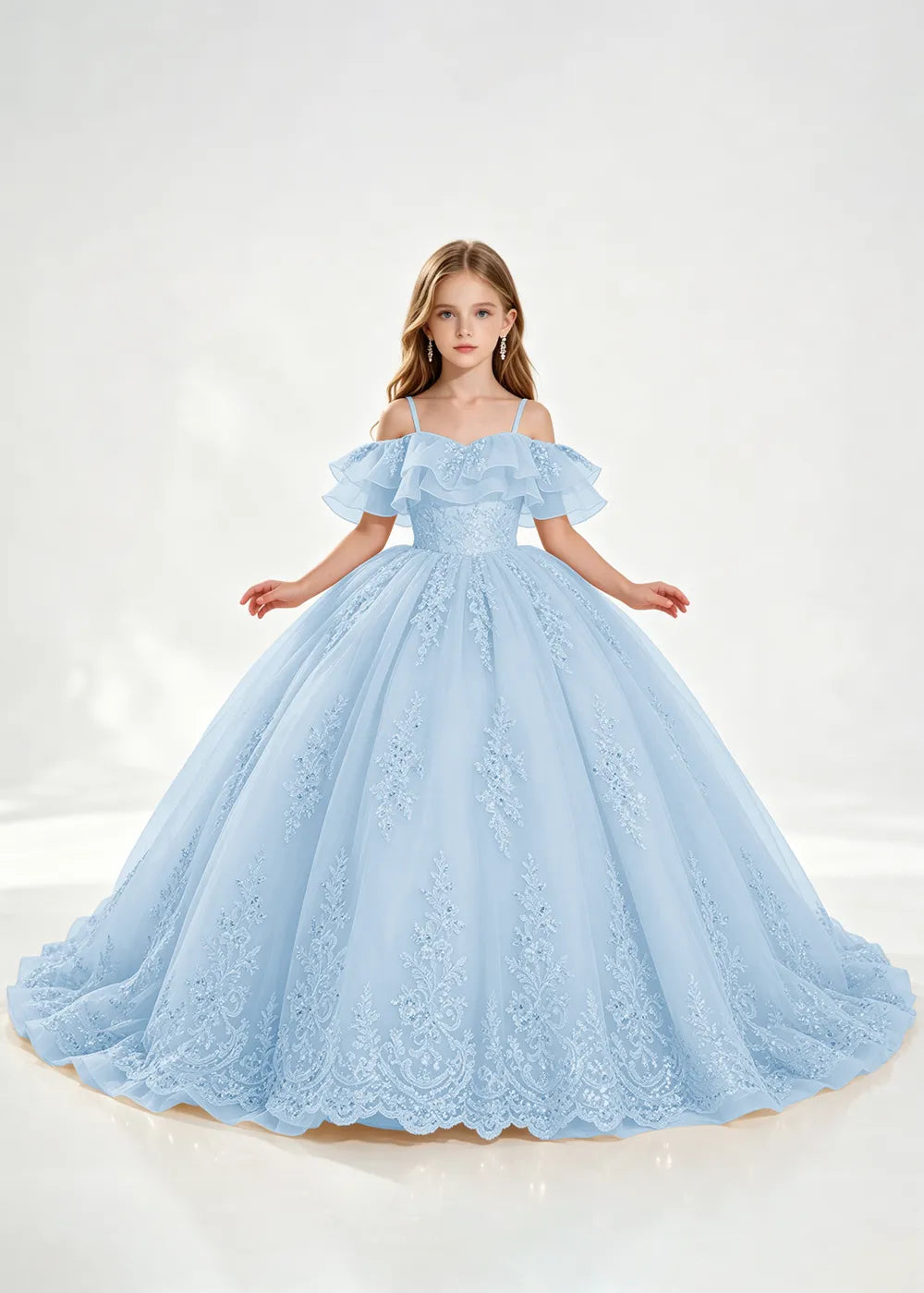 Champagne Off-Shoulder Lace-Hem Flower Girl Dress
