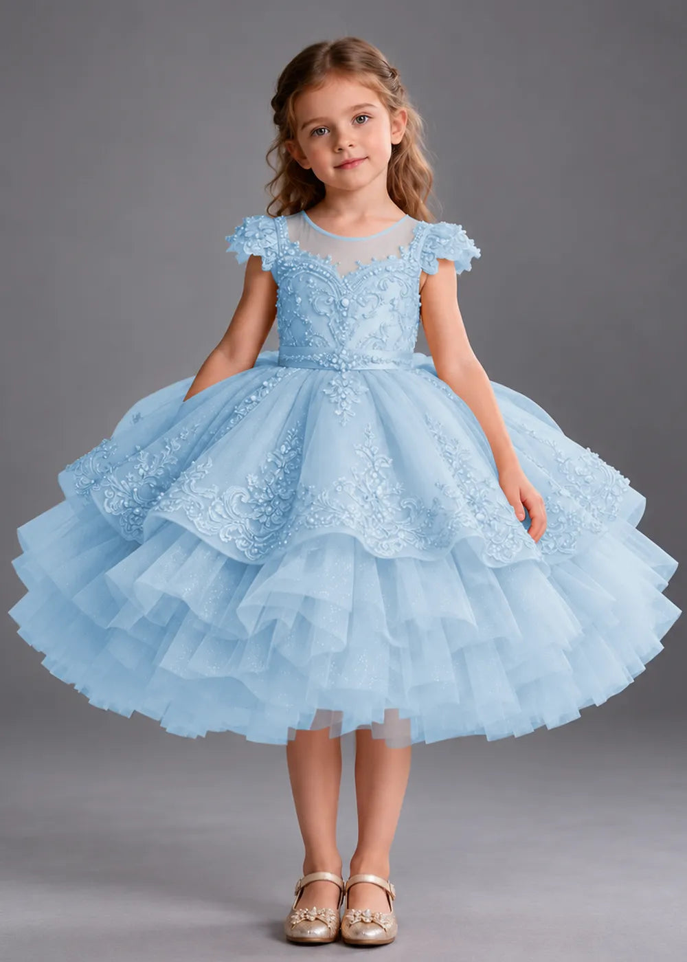 Gold Knee-Length Flower Girl Dress with Scalloped Lace Overlay