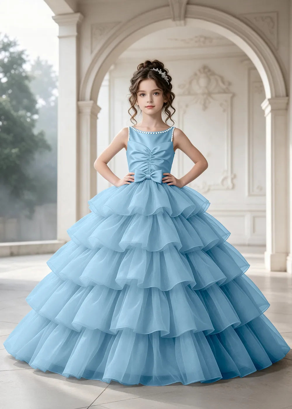 Flower girl dress in Sky Blue, front view.