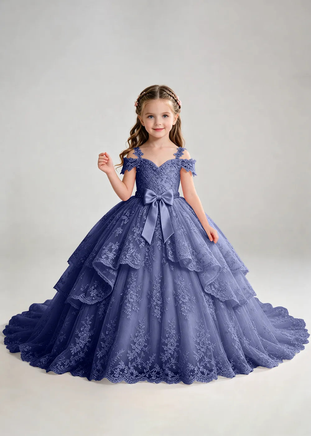 Bow Waist Floral Lace Princess Dress for Girls