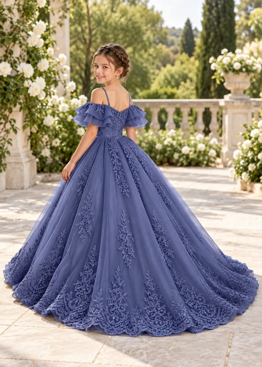 Slate Blue Off-Shoulder Lace-Hem Flower Girl Dress