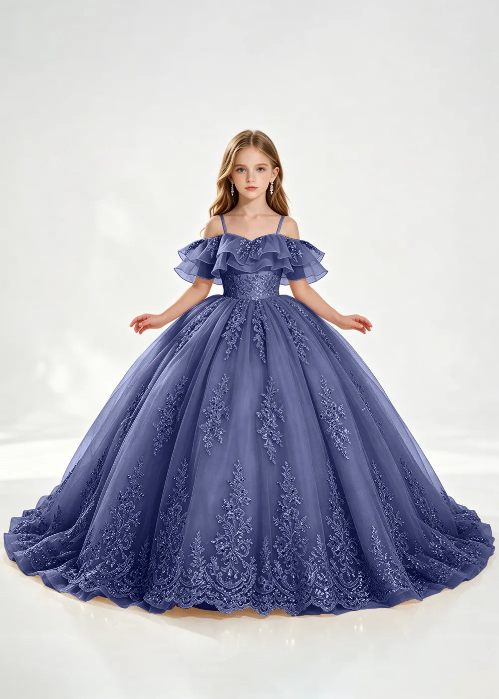 Slate Blue Off-Shoulder Lace-Hem Flower Girl Dress