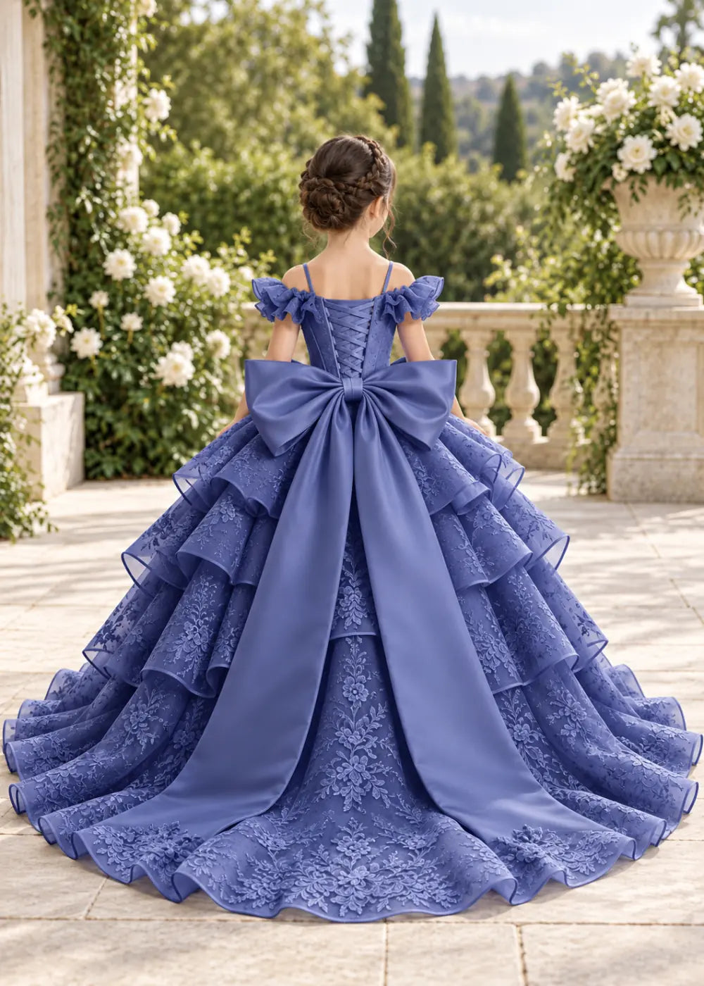 Slate Blue Lace-Up Rear-Bow Flower Girl Dress