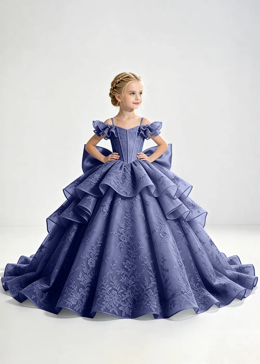 Slate Blue Lace-Up Rear-Bow Flower Girl Dress