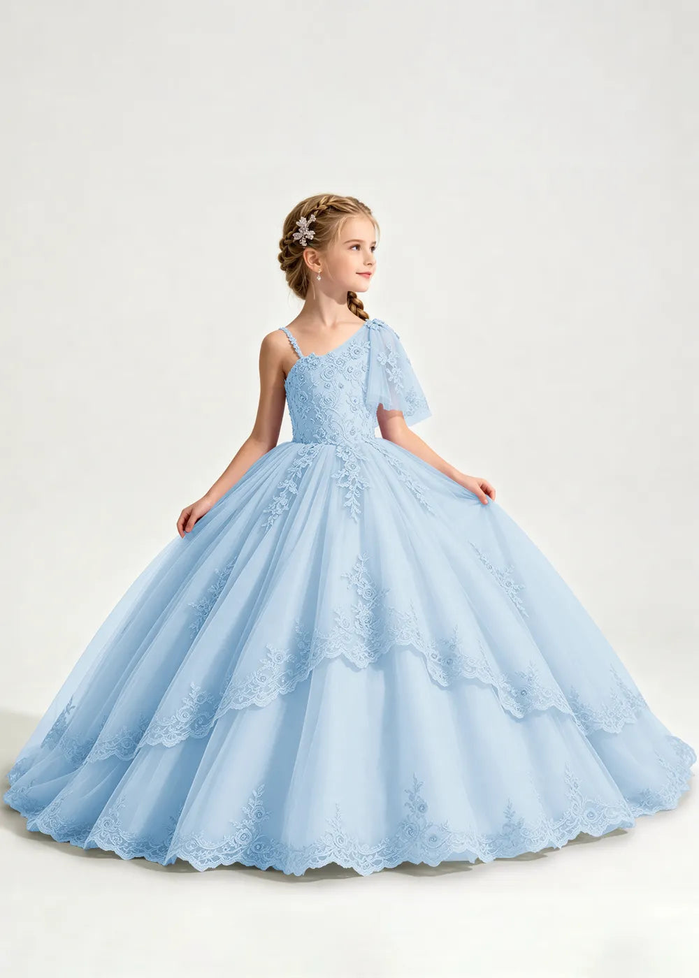 One-Shoulder Floral Lace Princess Dress for Girls