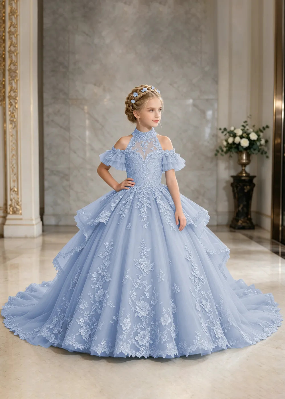 Illusion Neck Peplum Lace Princess Dress for Girls