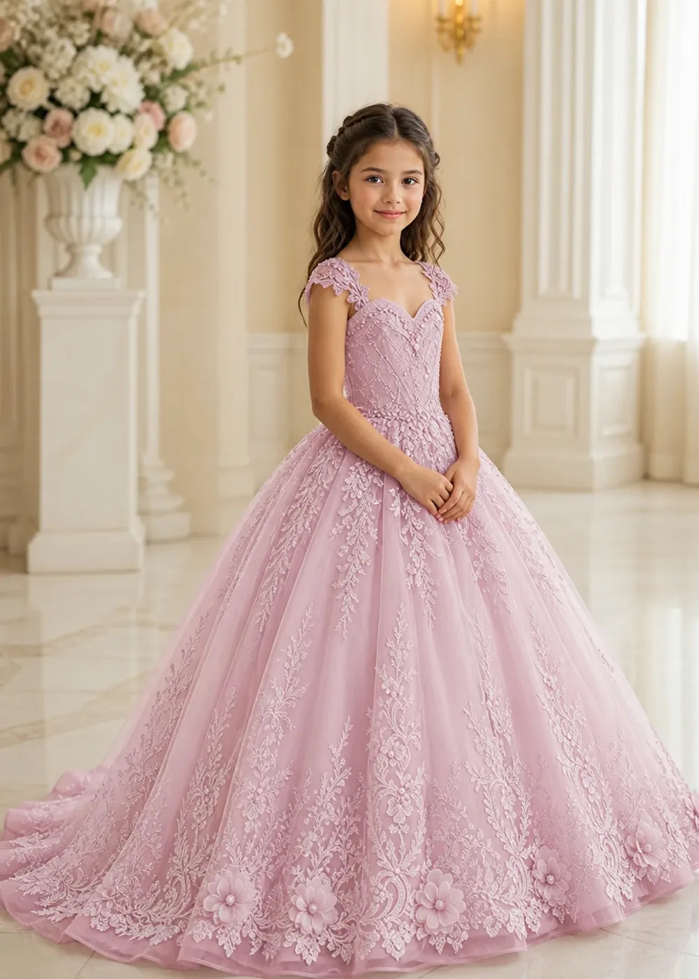 Floral V-Neck Lace Princess Dress for Girls