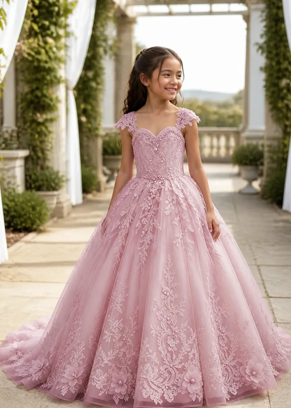 Floral V-Neck Lace Princess Dress for Girls