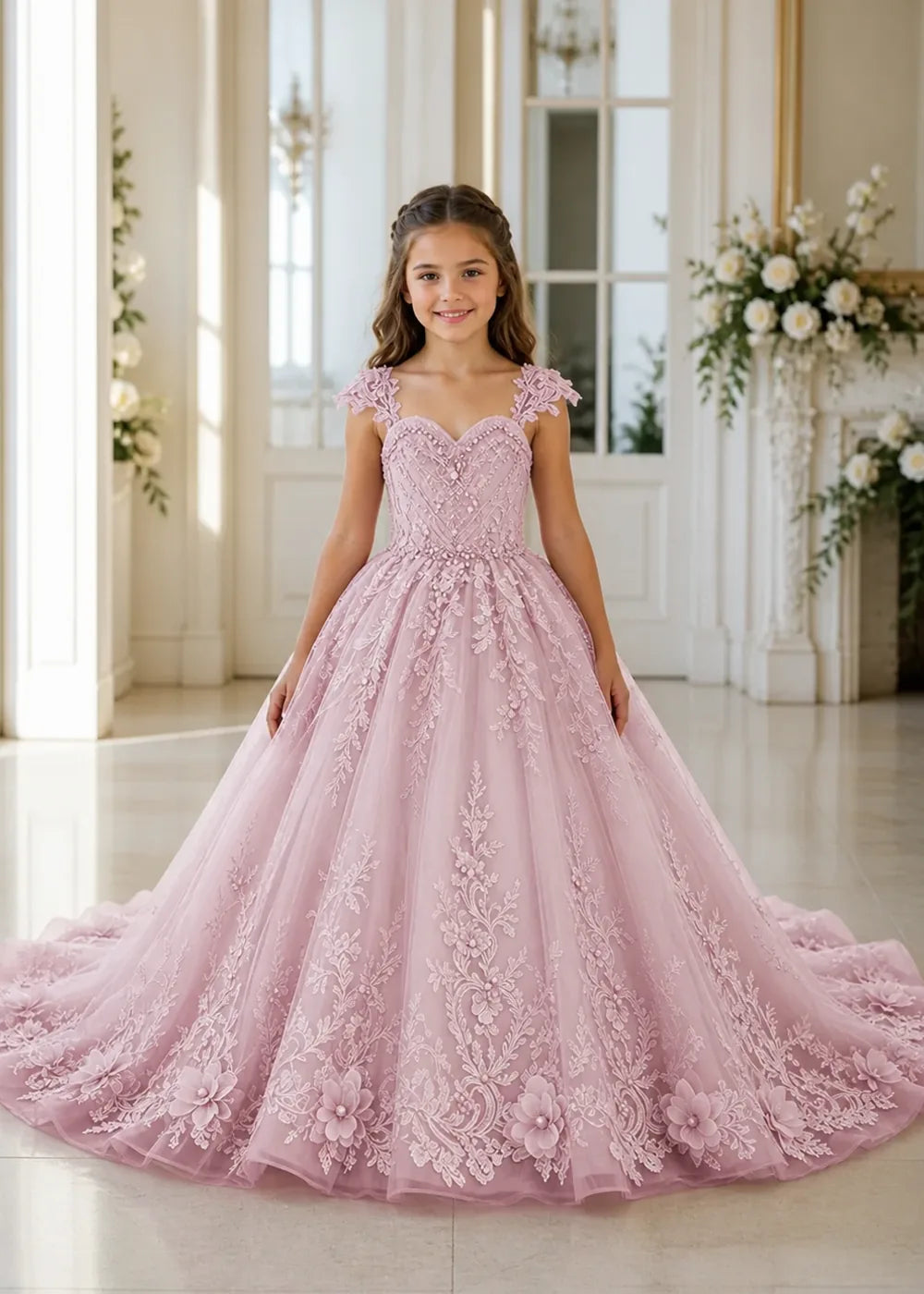 Floral V-Neck Lace Princess Dress for Girls