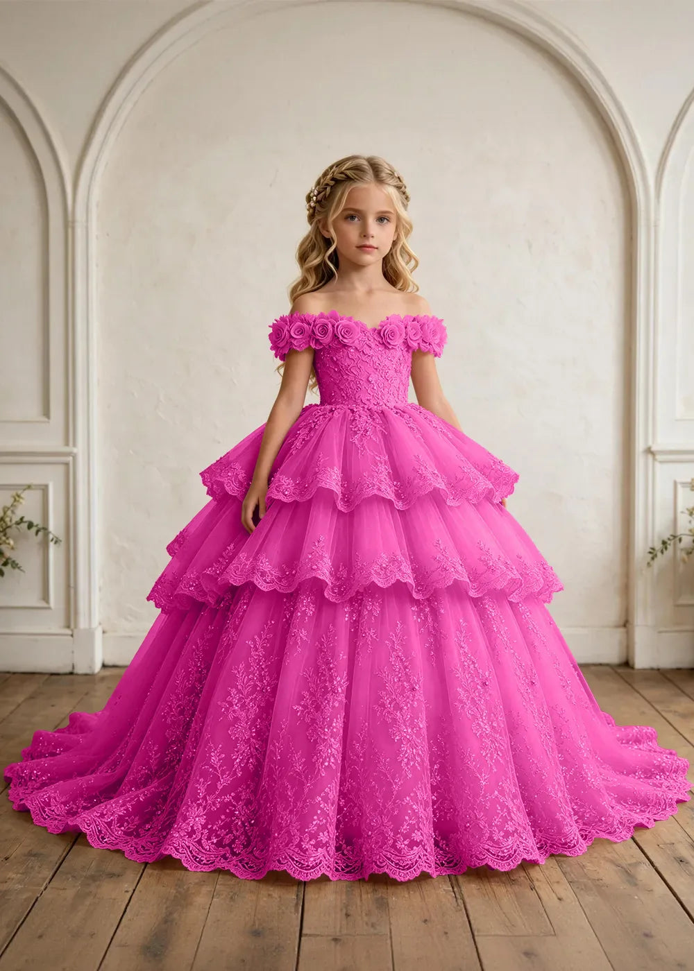 Off Shoulder Tiered Lace Flower Girl Ball Gown Dress