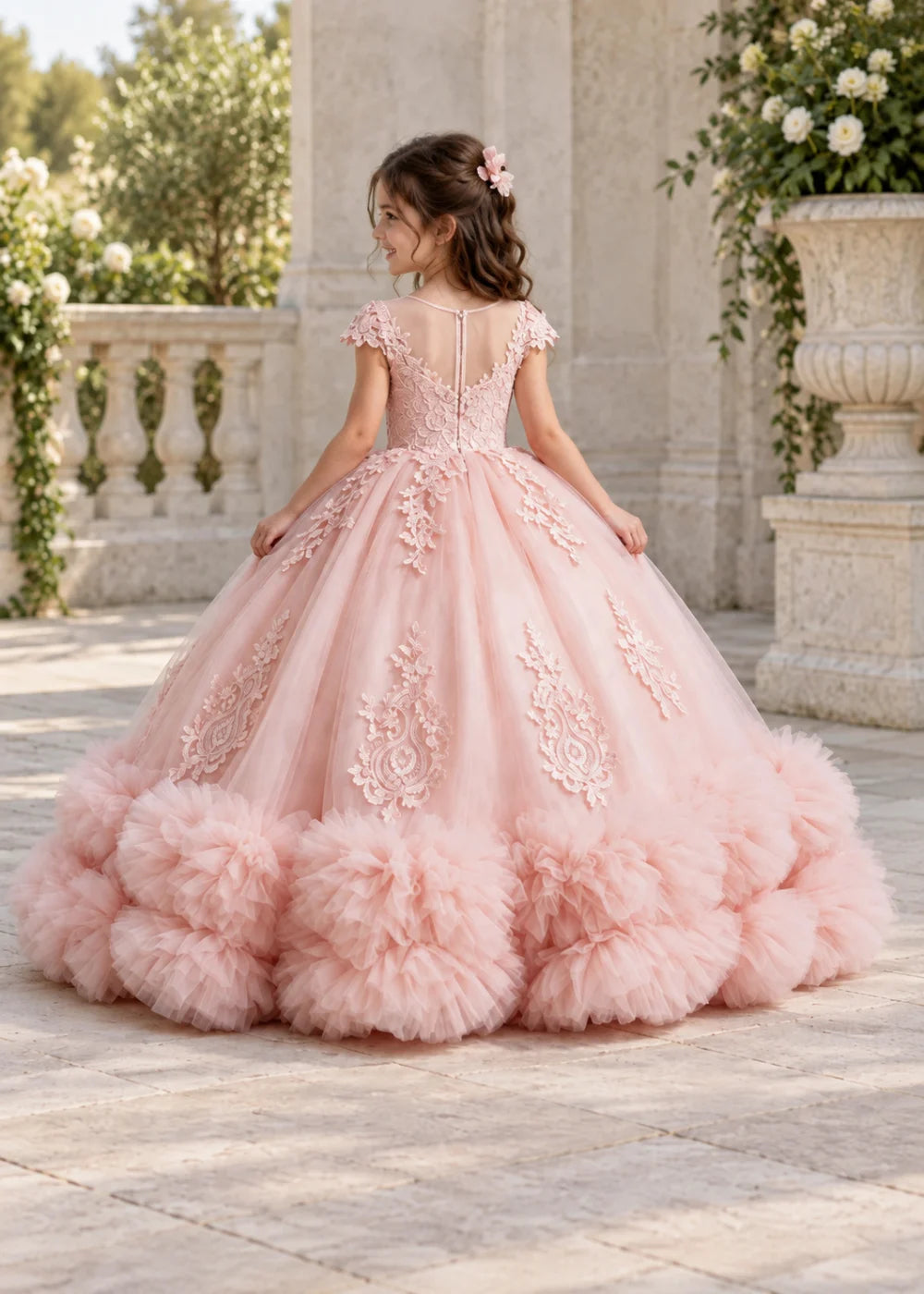 Pink Flower Girl Ball Gown with Floral Bodice and Ruffle Hem