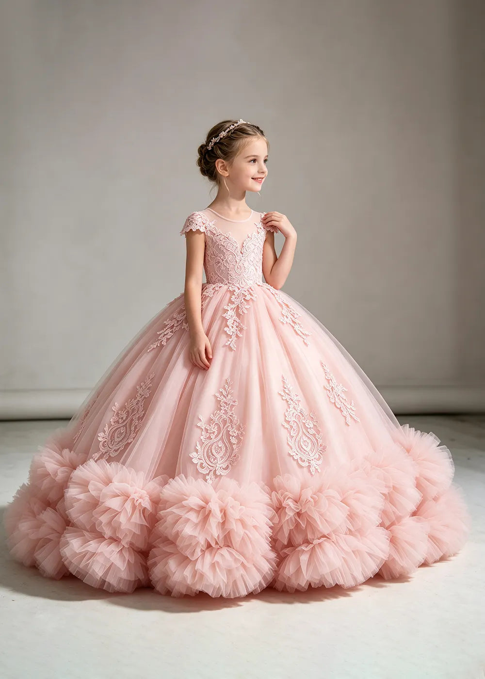 Pink Flower Girl Ball Gown with Floral Bodice and Ruffle Hem