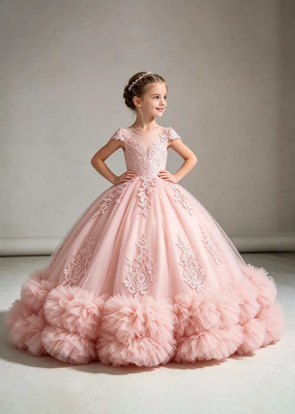Pink Flower Girl Ball Gown with Floral Bodice and Ruffle Hem