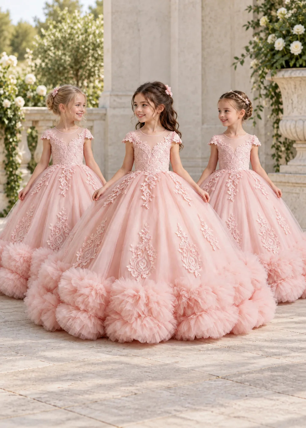 Pink Flower Girl Ball Gown with Floral Bodice and Ruffle Hem
