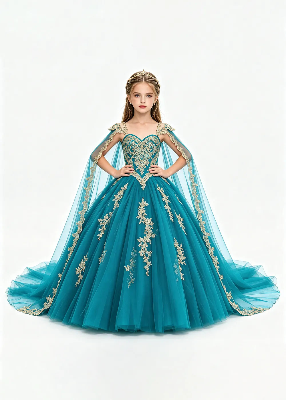 Gold Appliqué Cape Flower Girl Ball Gown Dress