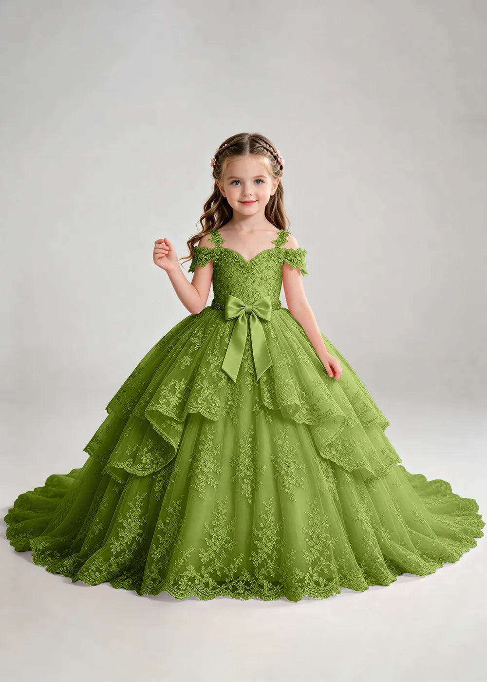 Bow Waist Floral Lace Princess Dress for Girls
