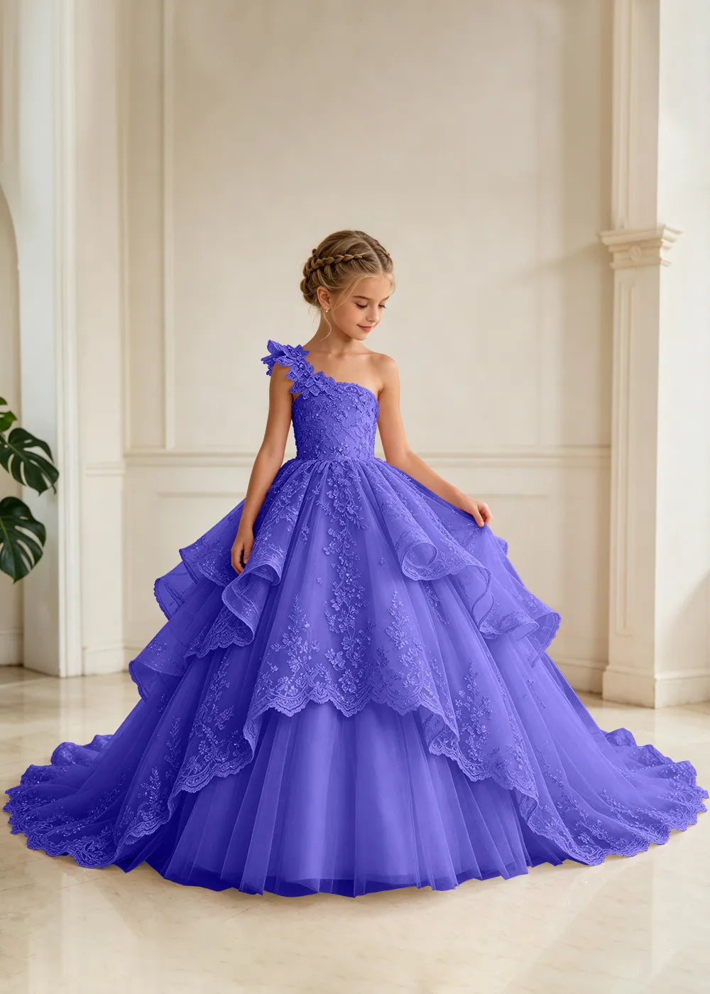 Floral Strap Tiered Lace Princess Dress for Girls