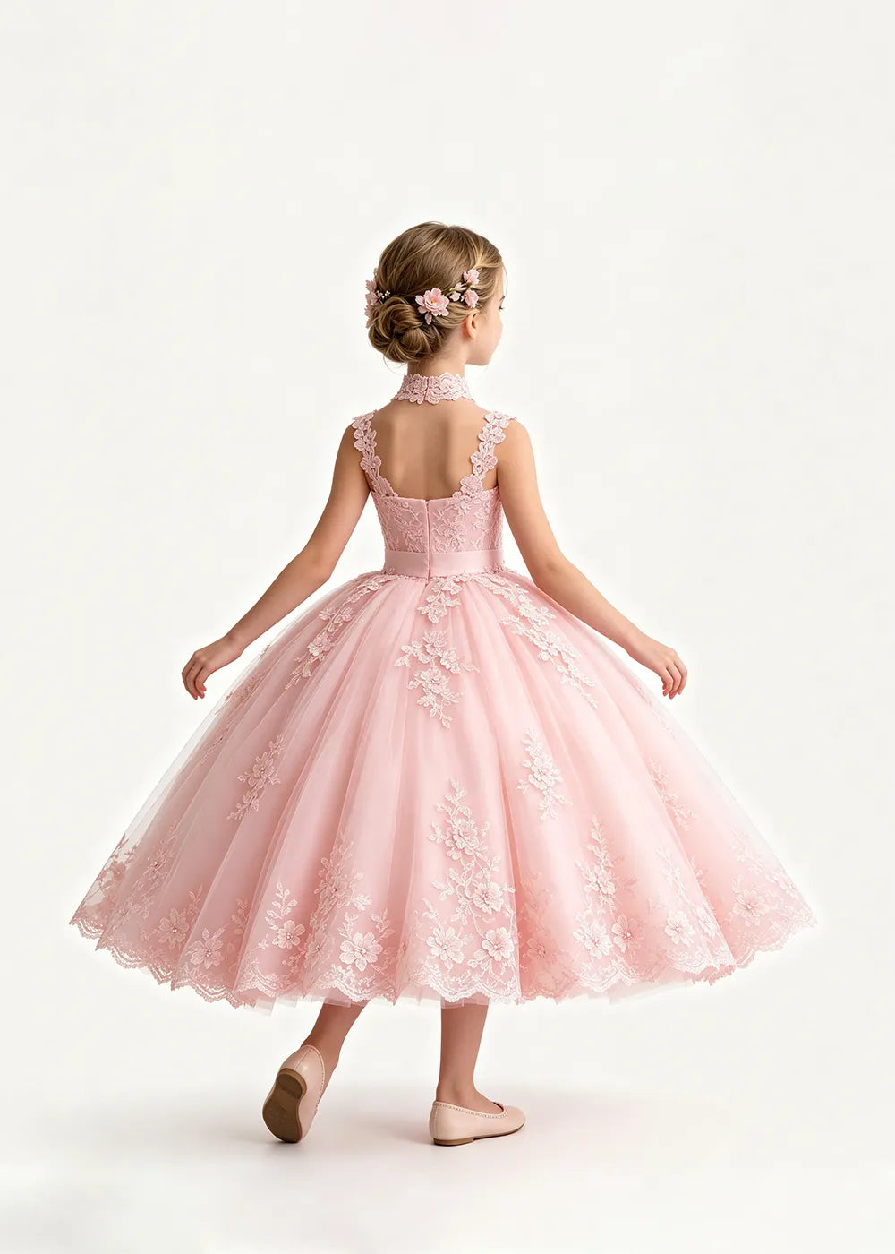 Pink Tea-Length Flower Girl Dress with Floral Neck Band