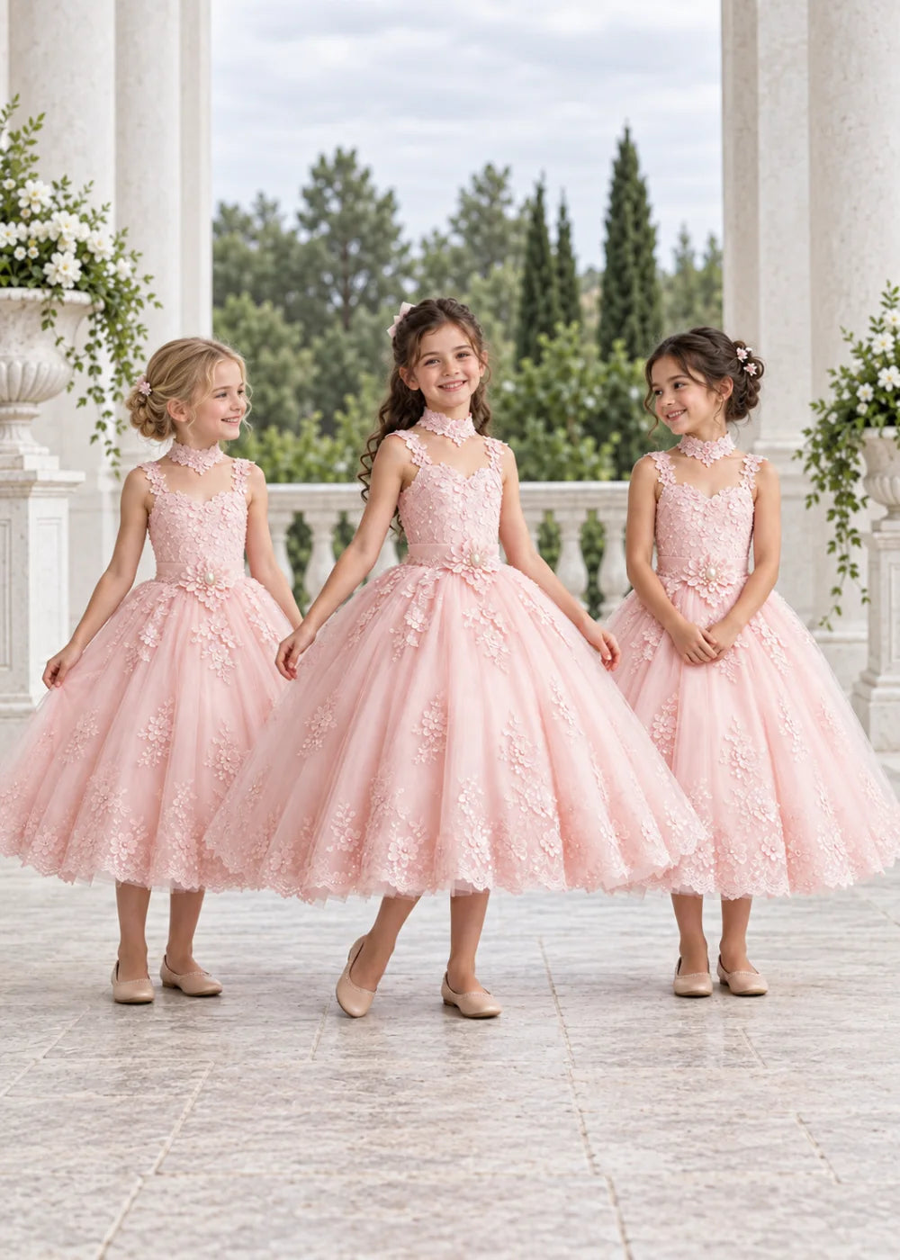 Pink Tea-Length Flower Girl Dress with Floral Neck Band