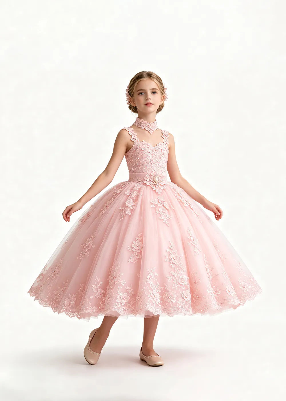 Pink Tea-Length Flower Girl Dress with Floral Neck Band