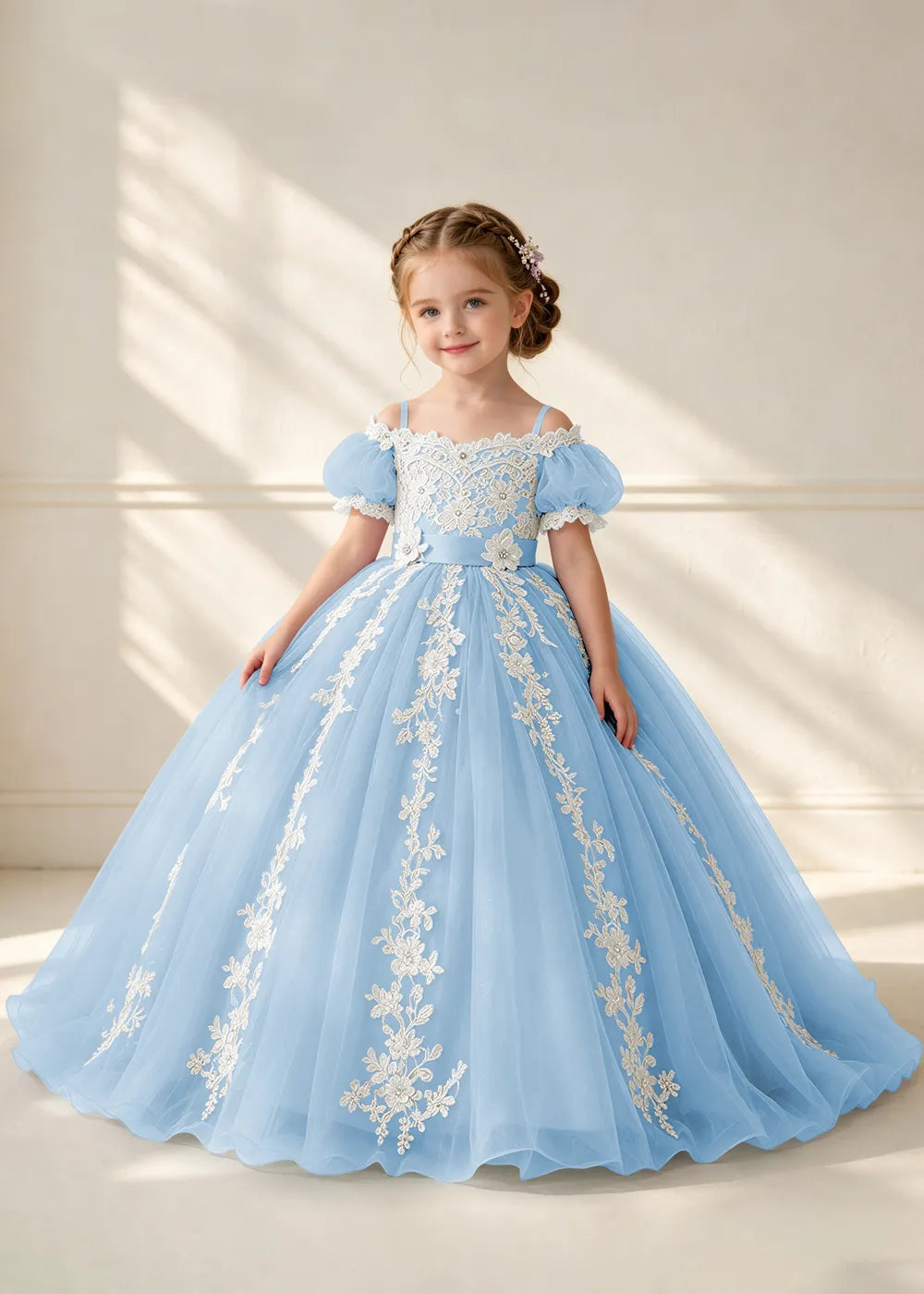 Puff Sleeve Floral Lace Princess Dress for Girls