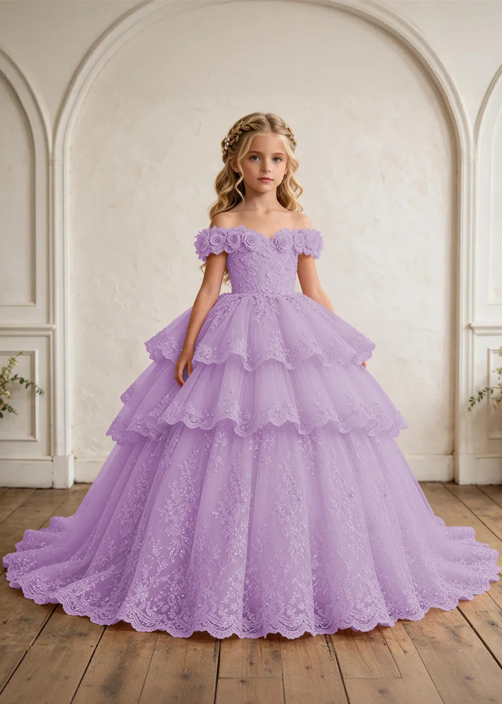 Off Shoulder Floral Lace Princess Ball Gown for Girls