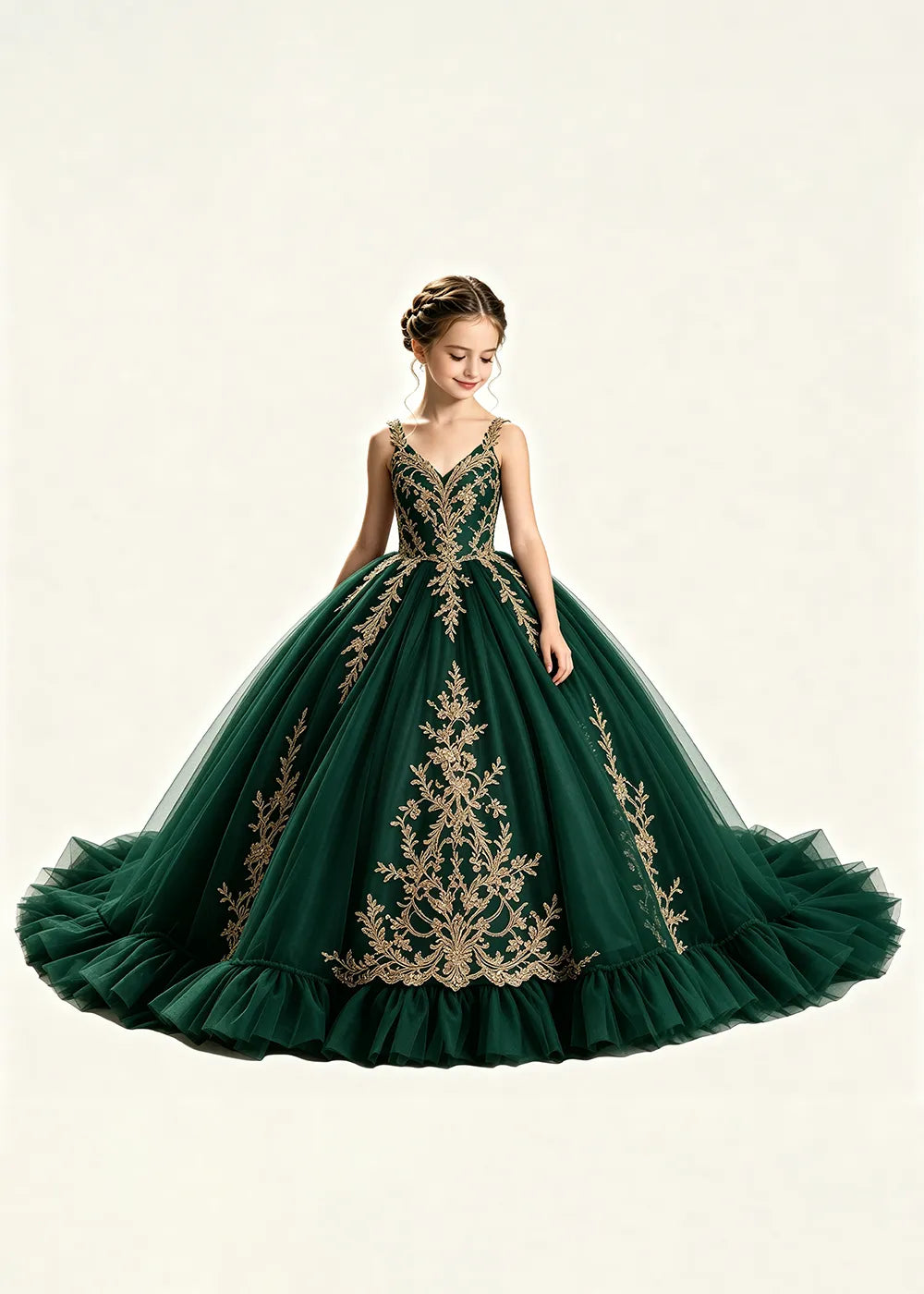 Gold Appliqué V-Neck Flower Girl Ball Gown Dress