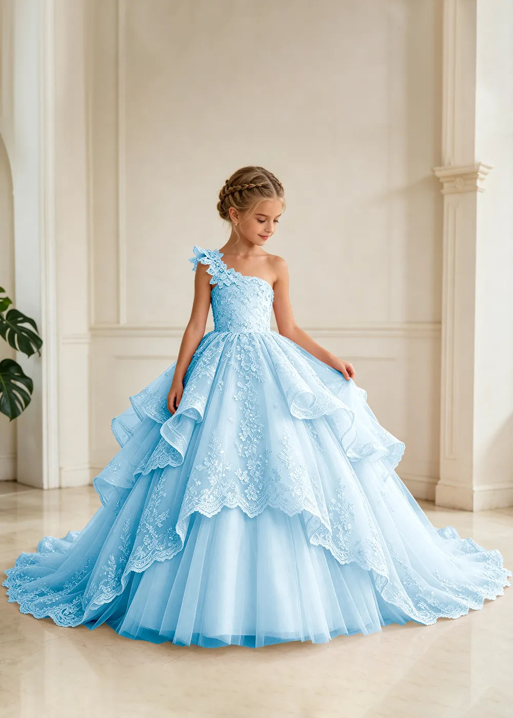 Floral Strap Tiered Lace Princess Dress for Girls