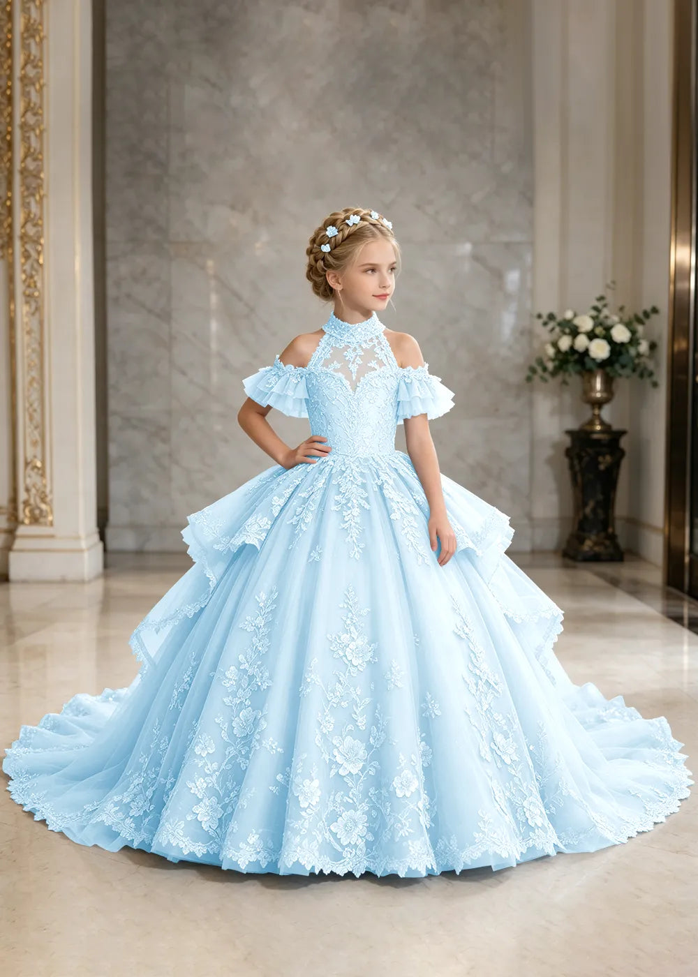Illusion Neck Peplum Lace Princess Dress for Girls