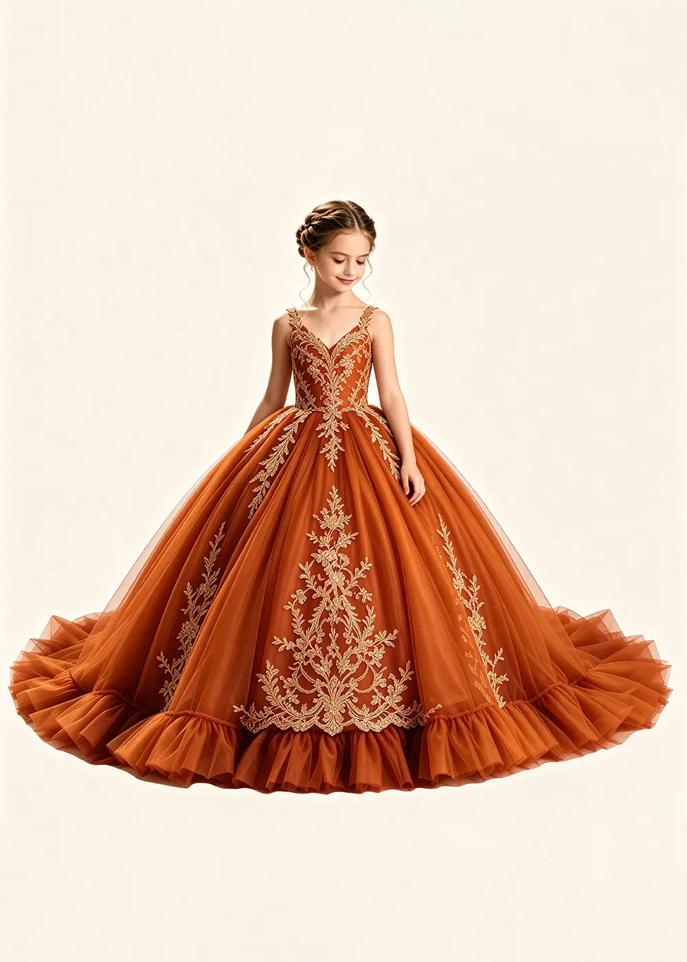Gold Appliqué V-Neck Princess Dress for Girls