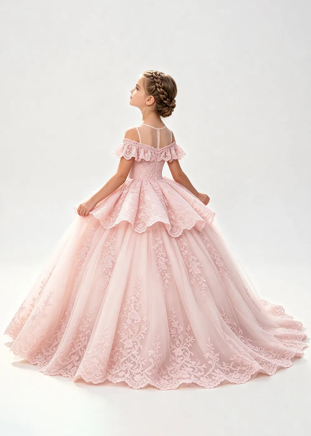 Illusion Neck Tiered Lace Flower Girl Ball Gown Dress