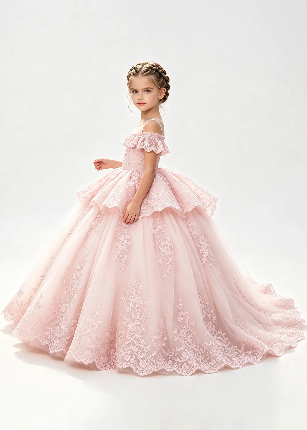 Illusion Neck Tiered Lace Flower Girl Ball Gown Dress