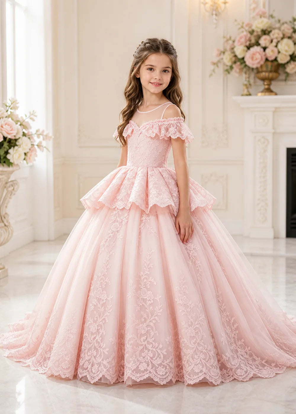 Illusion Neck Tiered Lace Flower Girl Ball Gown Dress